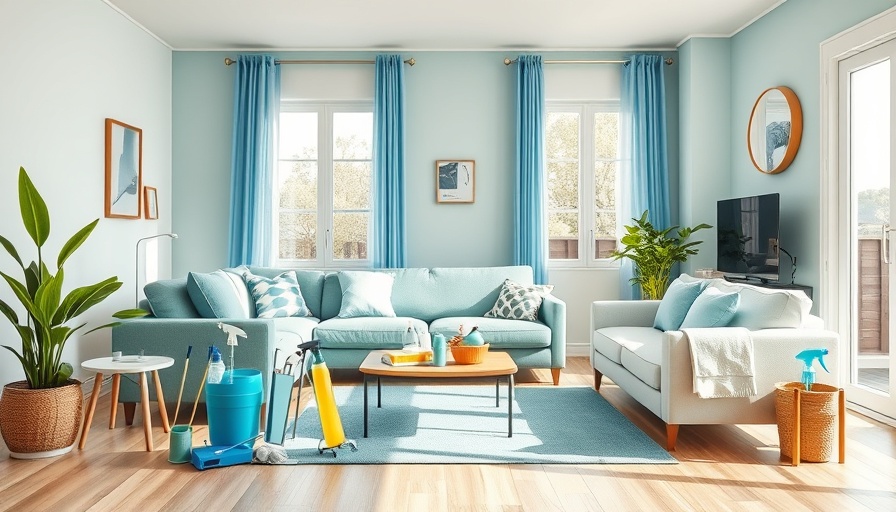 Neat living room displaying cleaning tools for spring cleaning hacks.