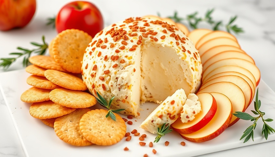 Classic cheese ball with crackers and apple slices on a platter.