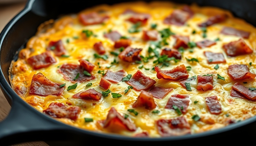 Delicious ham and cheese frittata served in a skillet.