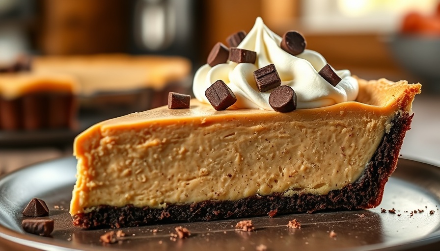 Delicious peanut butter pie slice with chocolate crust and toppings.