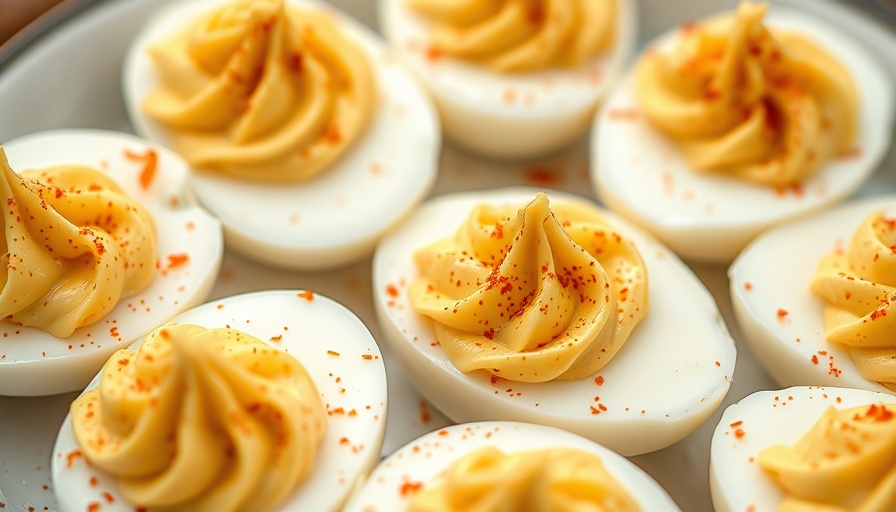 Seasoned deviled eggs on platter, Million Dollar Deviled Eggs.
