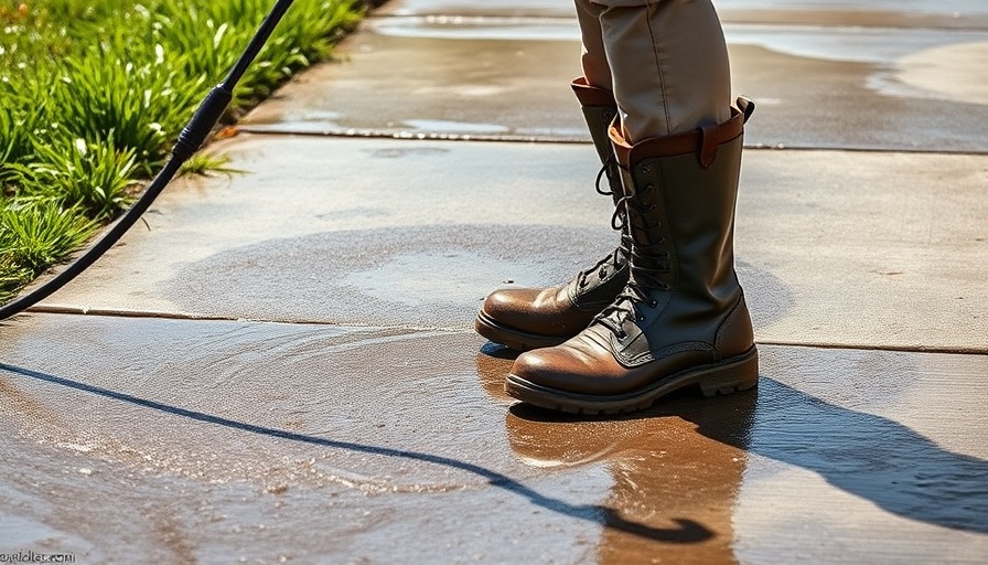 Using a pressure washer to clean a concrete path with boots visible.