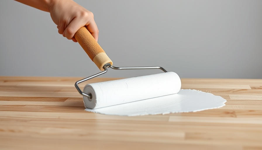 Close-up hand painting countertop with roller in white.