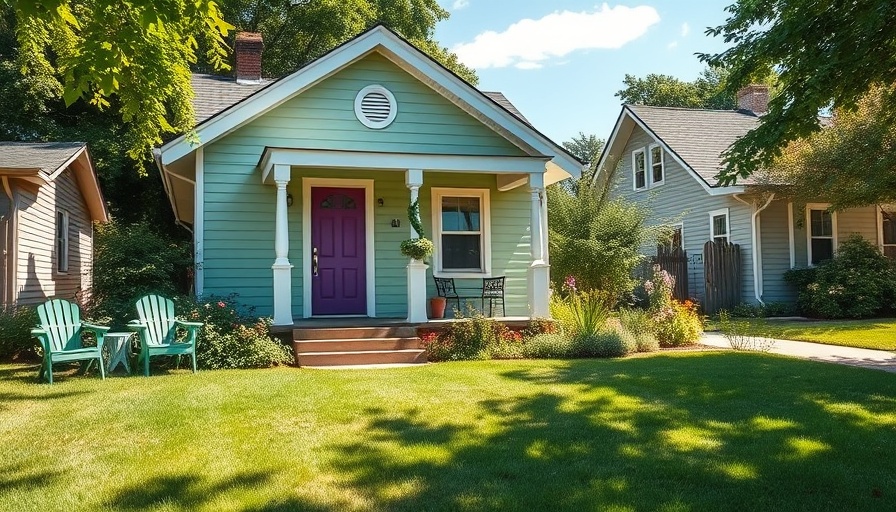 Charming pastel green remodeled home with porch and garden.