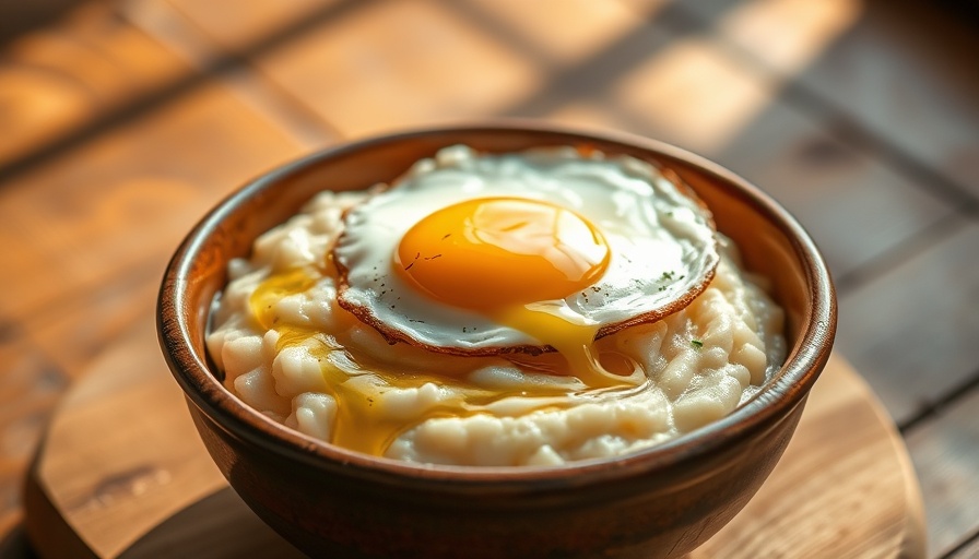 4-Ingredient Breakfast with fried egg on grits in rustic bowl.