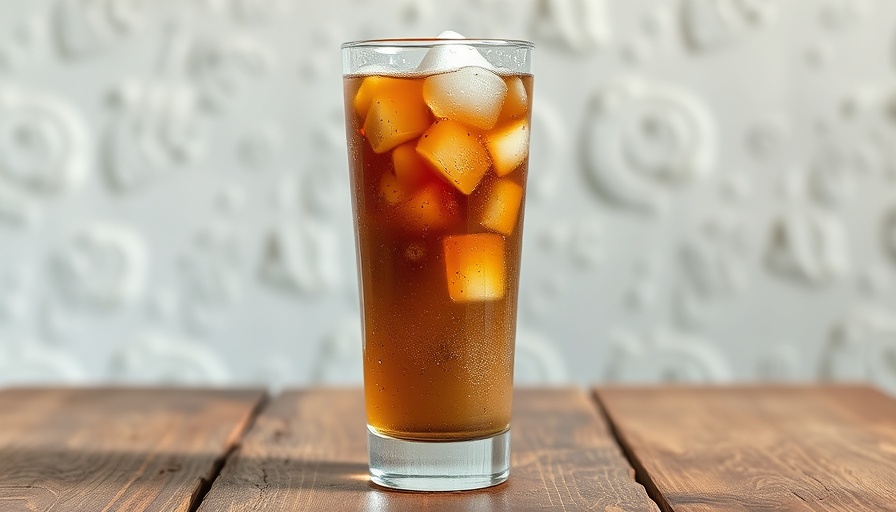 Tall glass of sparkling coffee with ice and condensation.