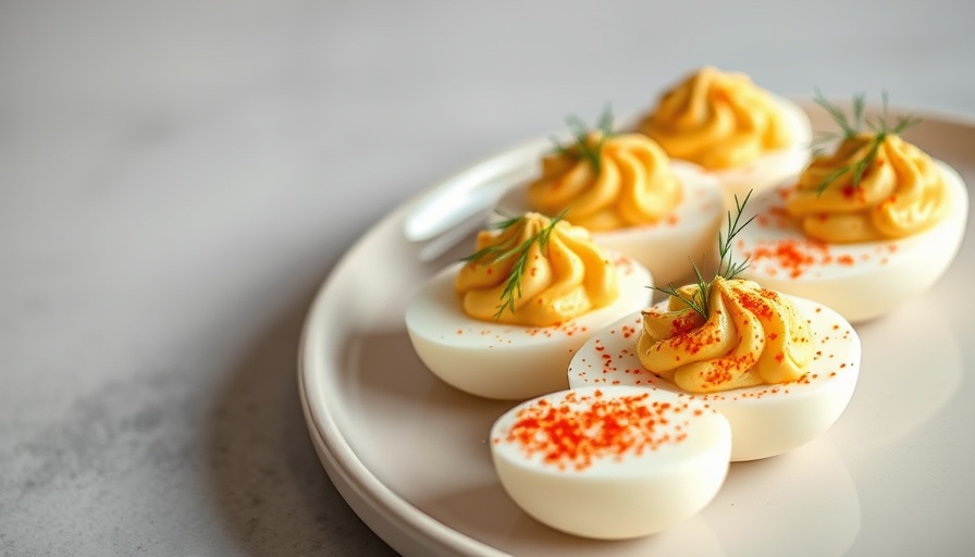 Classic deviled eggs on a plate with paprika and dill.
