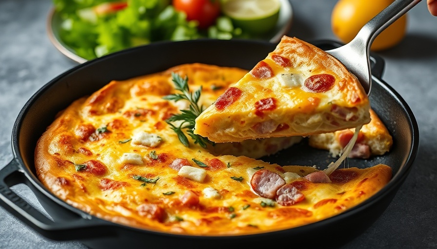 Golden ham and cheese frittata in skillet, slice being lifted.