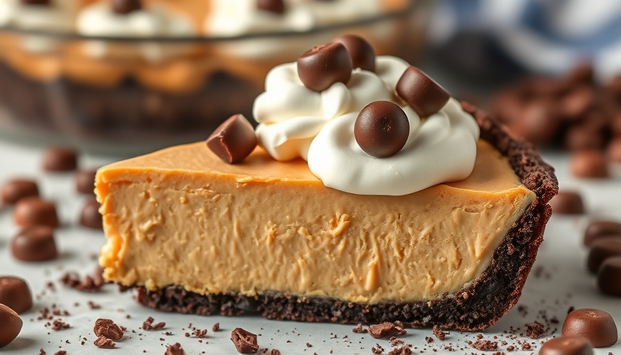 Slice of no-bake peanut butter pie with chocolate crust and whipped cream.
