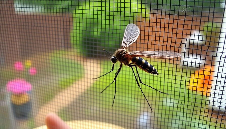 Mosquito on a window screen with a garden view.