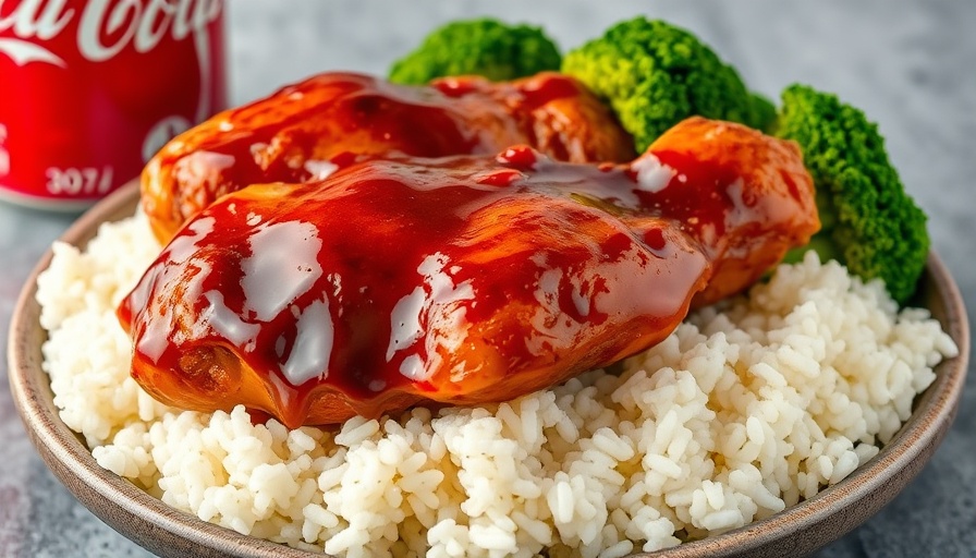 Savory Coca-Cola chicken on rice with broccoli.