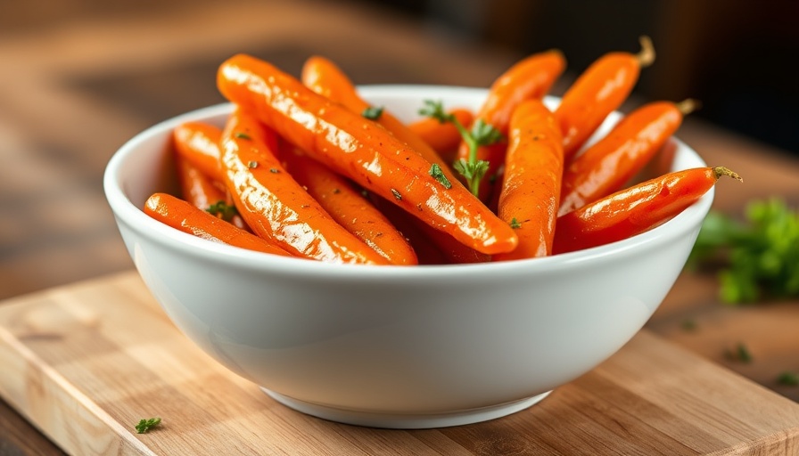 Vibrant glazed carrots in a bowl, garnished with herbs.