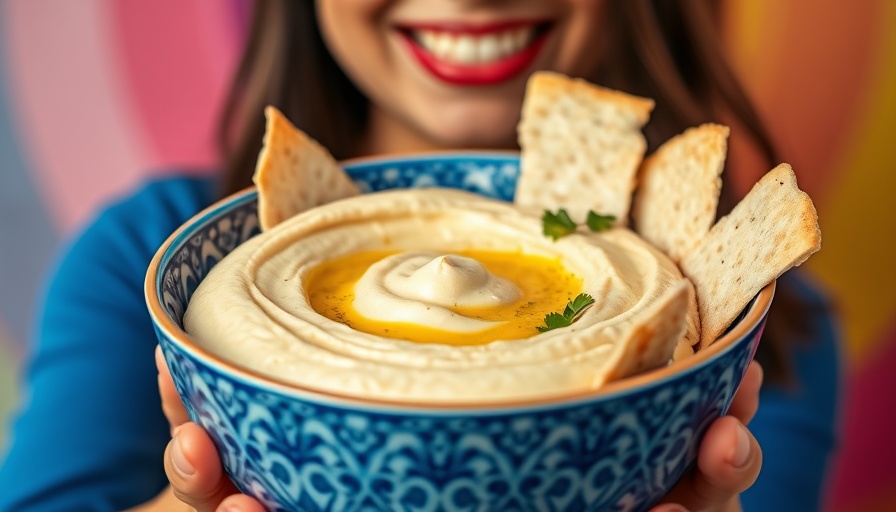 Ina Garten hummus recipe with pita chips and smiling woman.