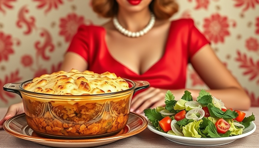 Retro image of casserole and salad with elegant pop-art background.
