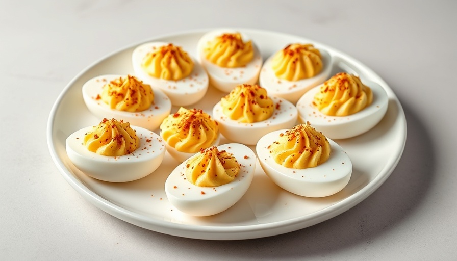 Deviled eggs with a surprising ingredient, garnished, top view.