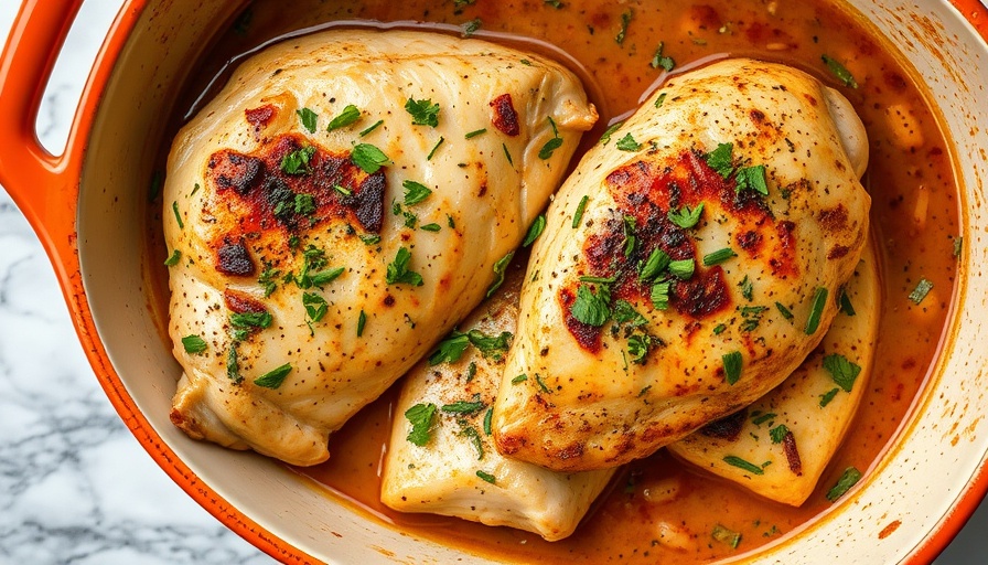 Easy chicken breast recipes: flavorful dish in ceramic pan.