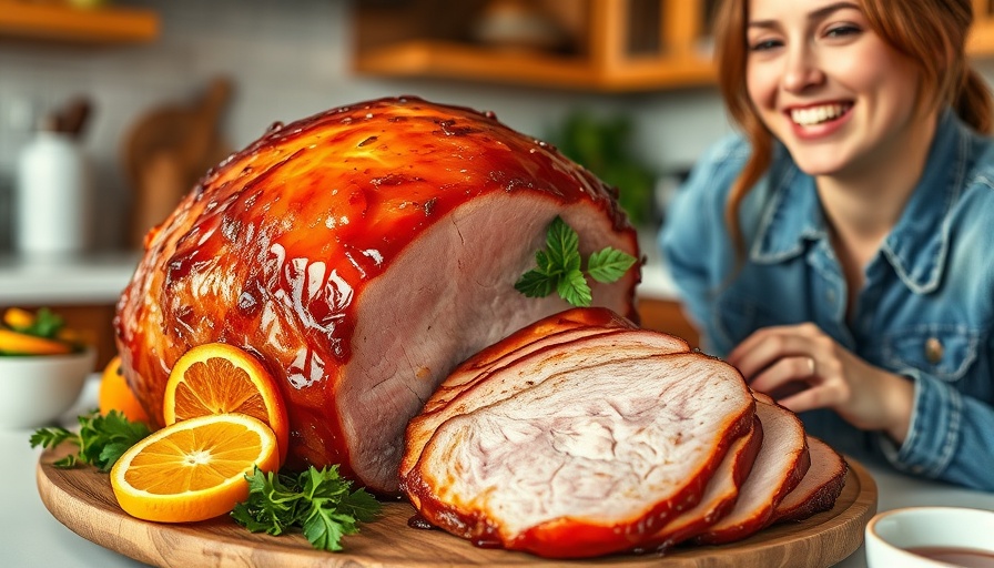 Ina Garten's Glazed Ham Recipe with smiling cook, vibrant presentation.