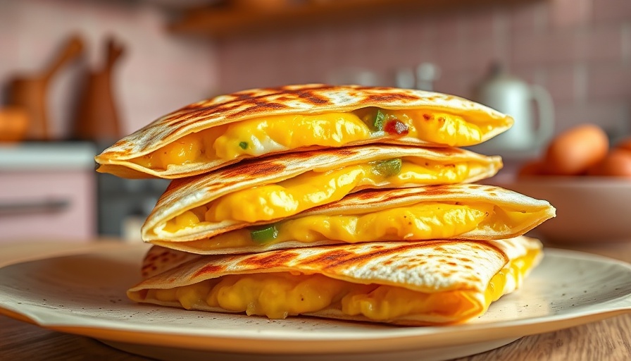 Golden quesadilla with cheese and egg on a patterned plate.