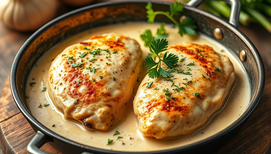 Garlic Chicken Recipe with creamy sauce in a skillet.