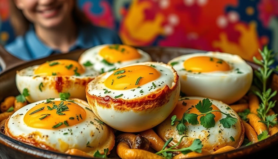 Ina Garten Herbed Baked Eggs next to a chef in blue shirt.