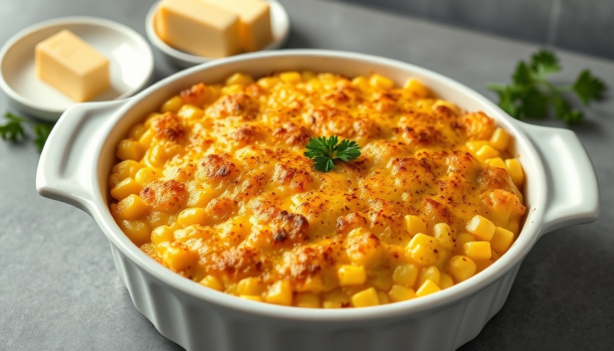 Delicious corn casserole recipe in a white baking dish.