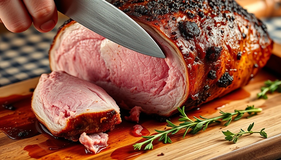 Juicy roasted leg of lamb recipe on cutting board.