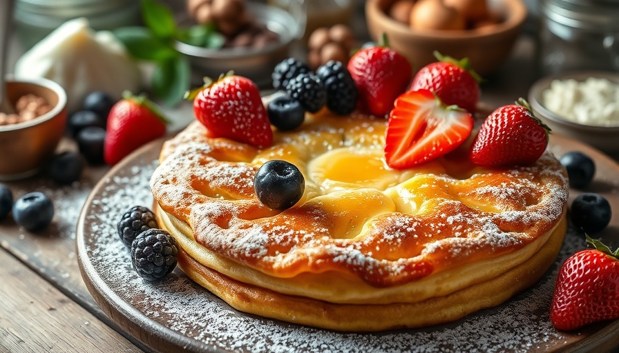 Golden Dutch baby pancake with berries and powdered sugar, Dutch baby recipe.