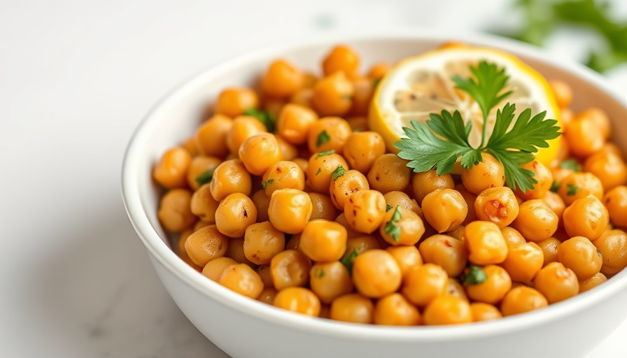 Delicious chickpeas with parsley and lemon in a white dish.