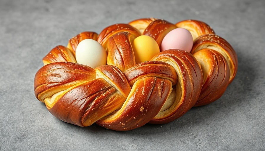Braided Easter bread with colorful eggs on gray surface.
