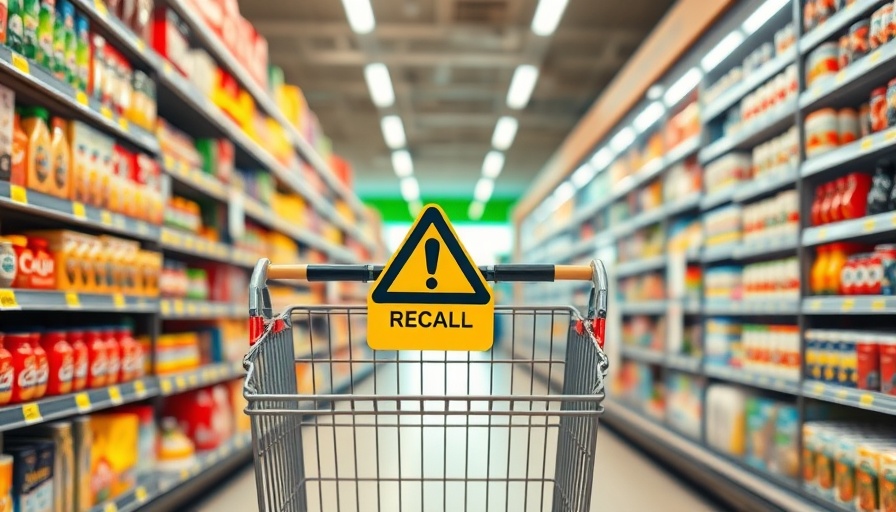 Shopping cart in supermarket with a recall sign, food recalls news.