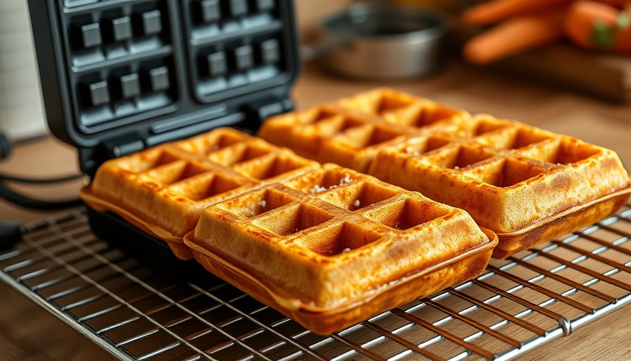 Golden carrot cake waffles on waffle iron and rack.
