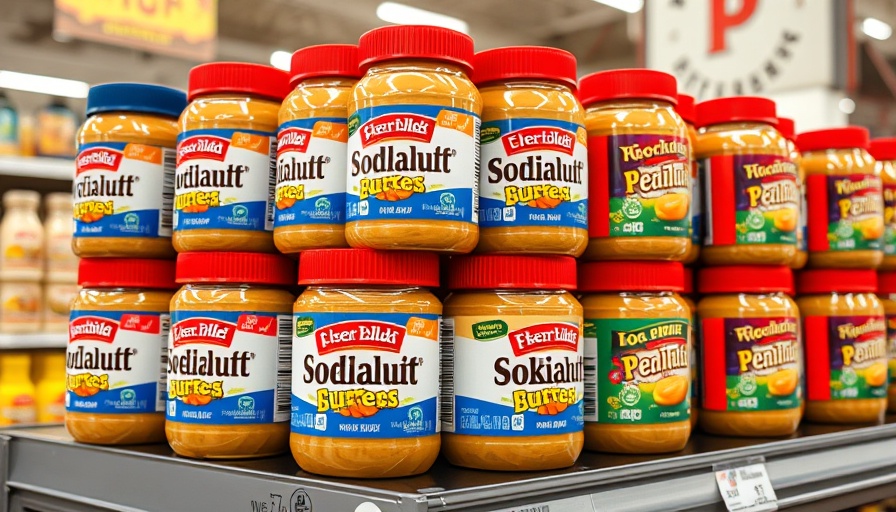 Jars of peanut butter stacked on a supermarket shelf