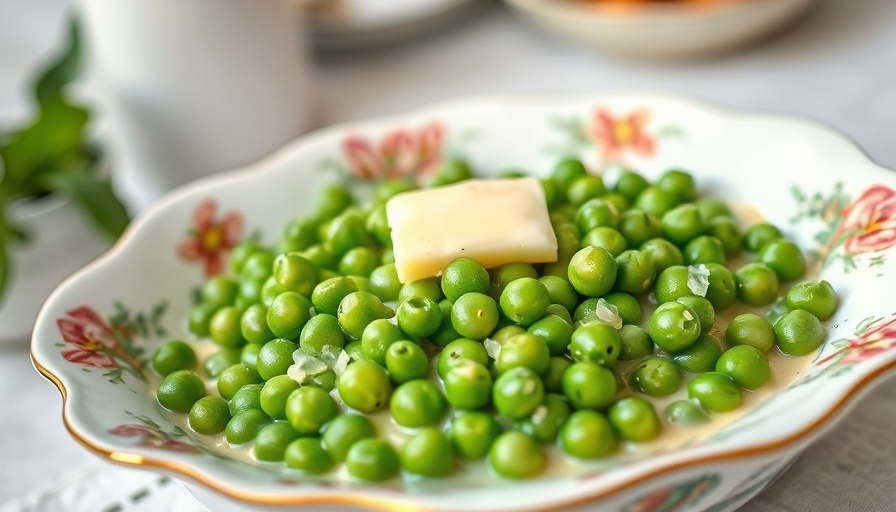 Creamed peas recipe in floral dish with butter.