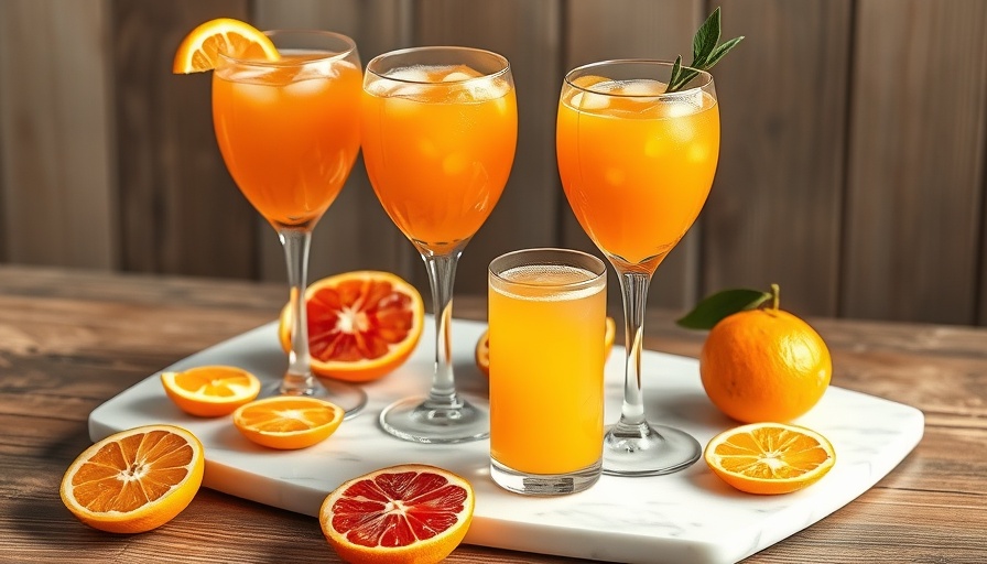 Vibrant mimosas on marble tray with fresh oranges, ideal for mimosas.