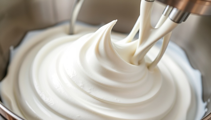 Close-up of Greek yogurt whipped cream in a mixer bowl.