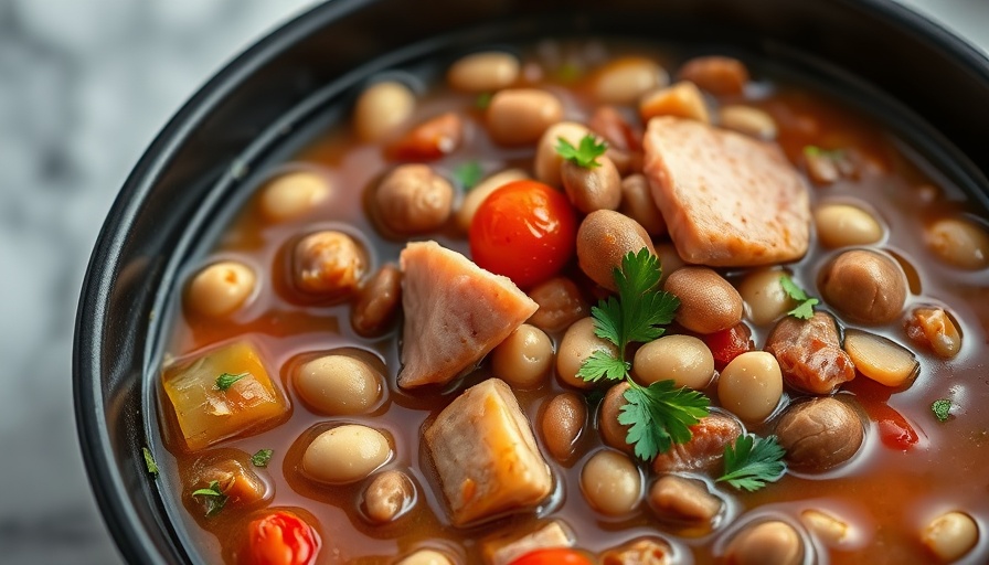 Hearty ham and bean soup in black bowl with parsley garnish.