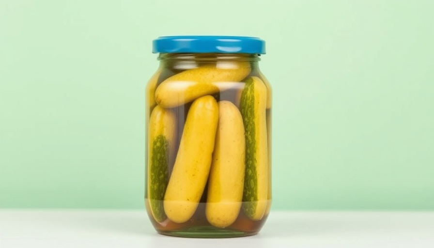 Glass jar of pickles with a blue lid on a mint background.