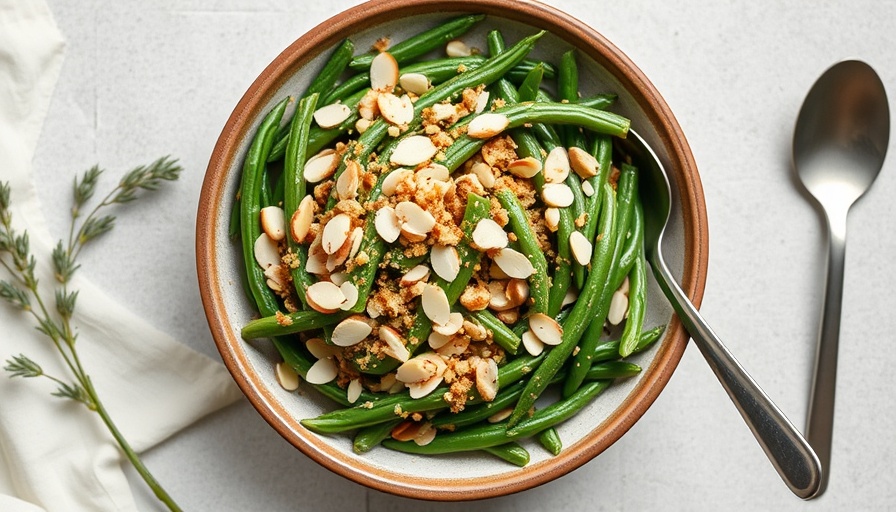 Easy green bean recipe with almonds and breadcrumbs in ceramic bowl.