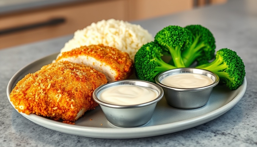 Parmesan crusted chicken recipe plate with broccoli and rice.