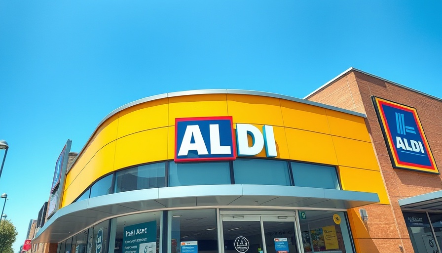 Aldi storefront with health alert sign under clear sky.