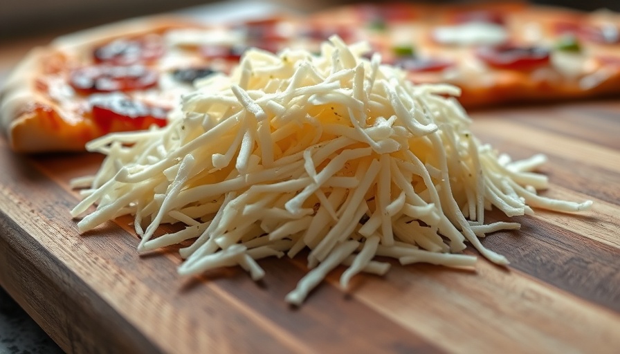 Shredded mozzarella cheese on a wooden board with pizza.