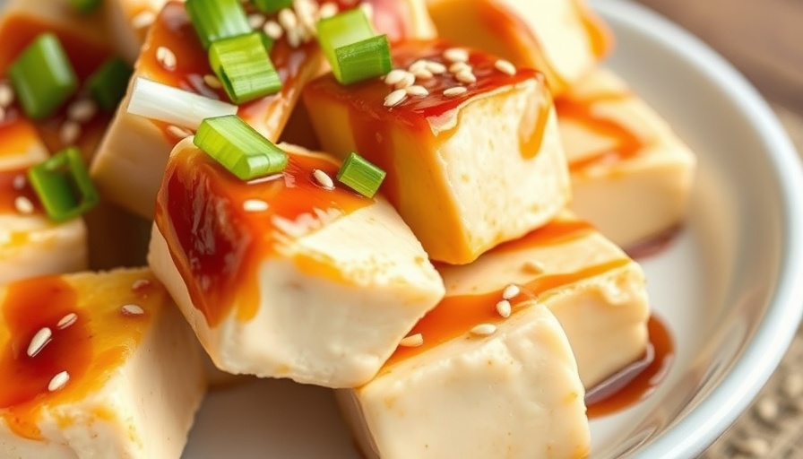 Glazed tofu cubes garnished with sesame seeds on a plate.