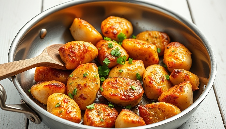 Golden brown garlic butter chicken bites in skillet.