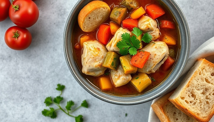 Delicious slow cooker chicken stew with bread on grey tabletop.