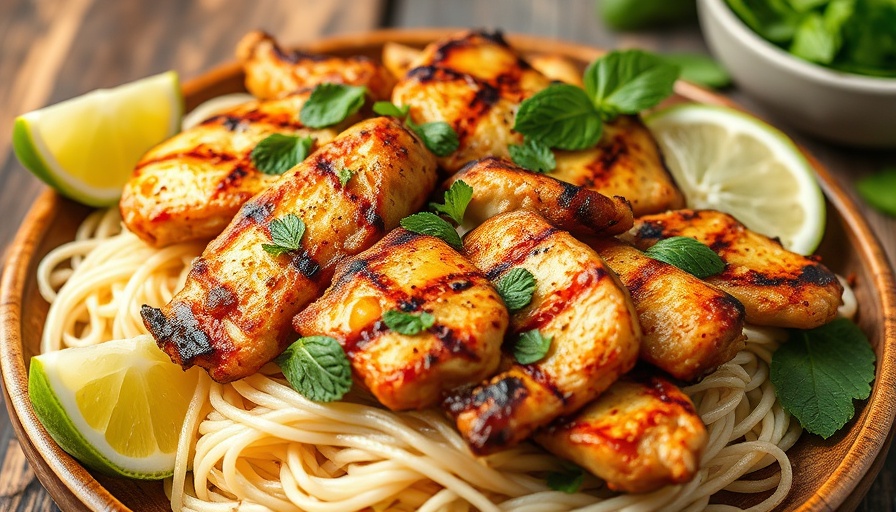 Delicious lemongrass chicken with noodles and lime wedges, vibrant meal.