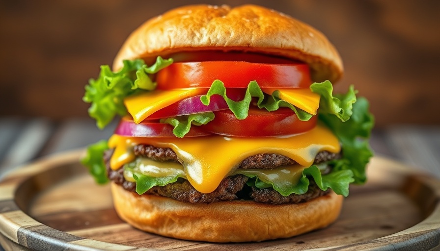 Delicious classic hamburger recipe with fresh toppings on a wooden plate.