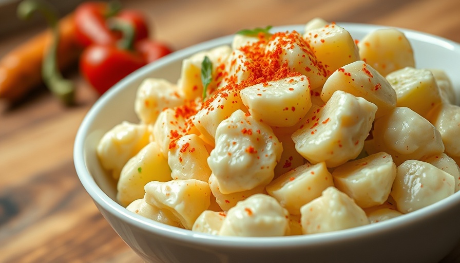 Creamy potato salad with paprika in white bowl on wooden counter.