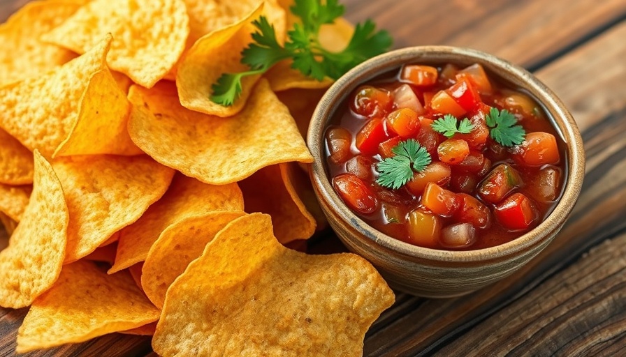 Crispy tortilla chips with salsa on a wooden table.