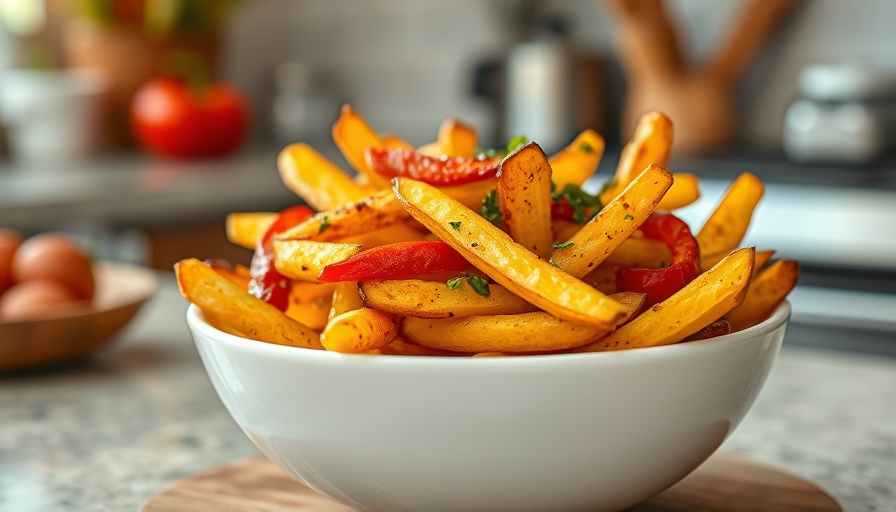 Golden crispy air fryer home fries with red peppers and herbs.