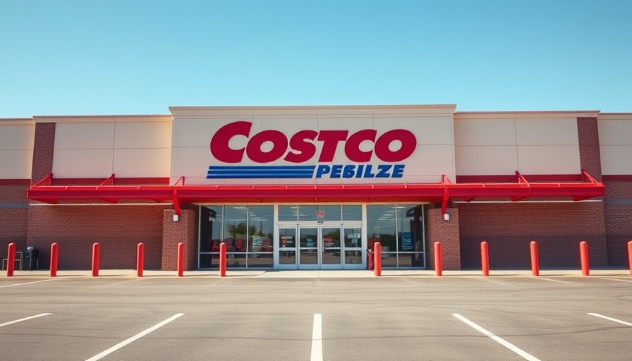 Costco entrance with iconic logo and clear sky.